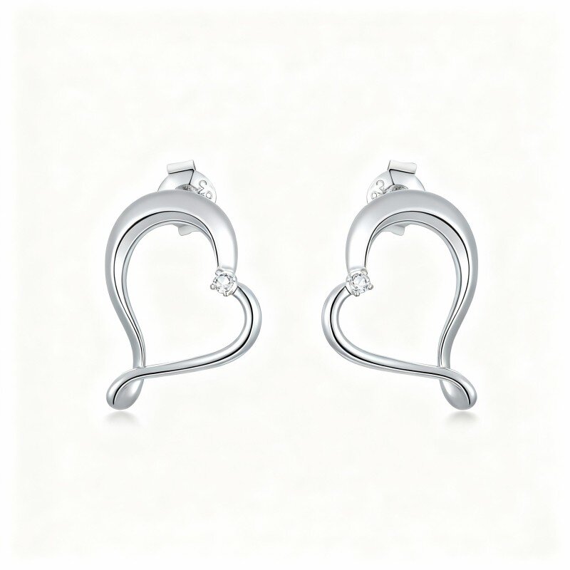 10K White Gold Round Cut Cubic Zirconia Heart Stud Earrings-10