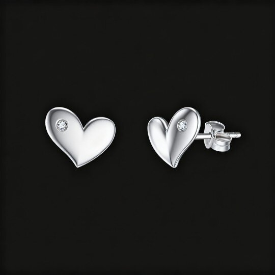 10K White Gold Round Cut Cubic Zirconia Heart Stud Earrings