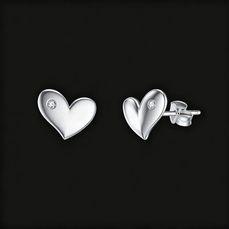10K White Gold Round Cut Cubic Zirconia Heart Stud Earrings-13