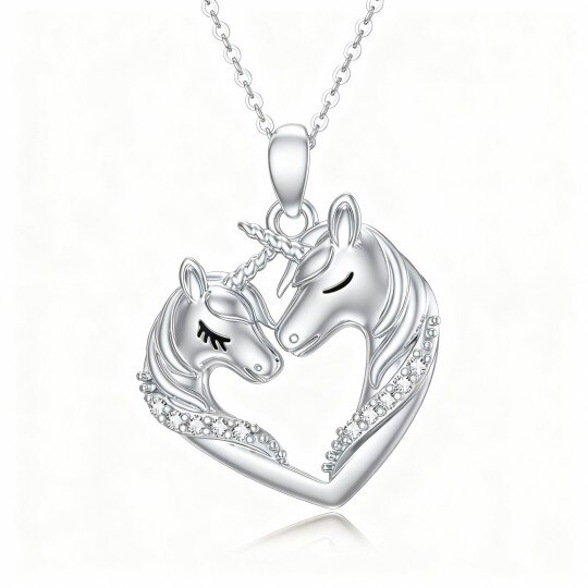 10K White Gold Round Cut Cubic Zirconia Heart & Unicorn Pendant Necklace