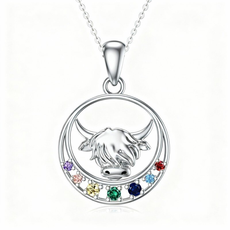 10K White Gold Round Cut Cubic Zirconia Highland Cow & Chakras & Moon Pendant Necklace-2