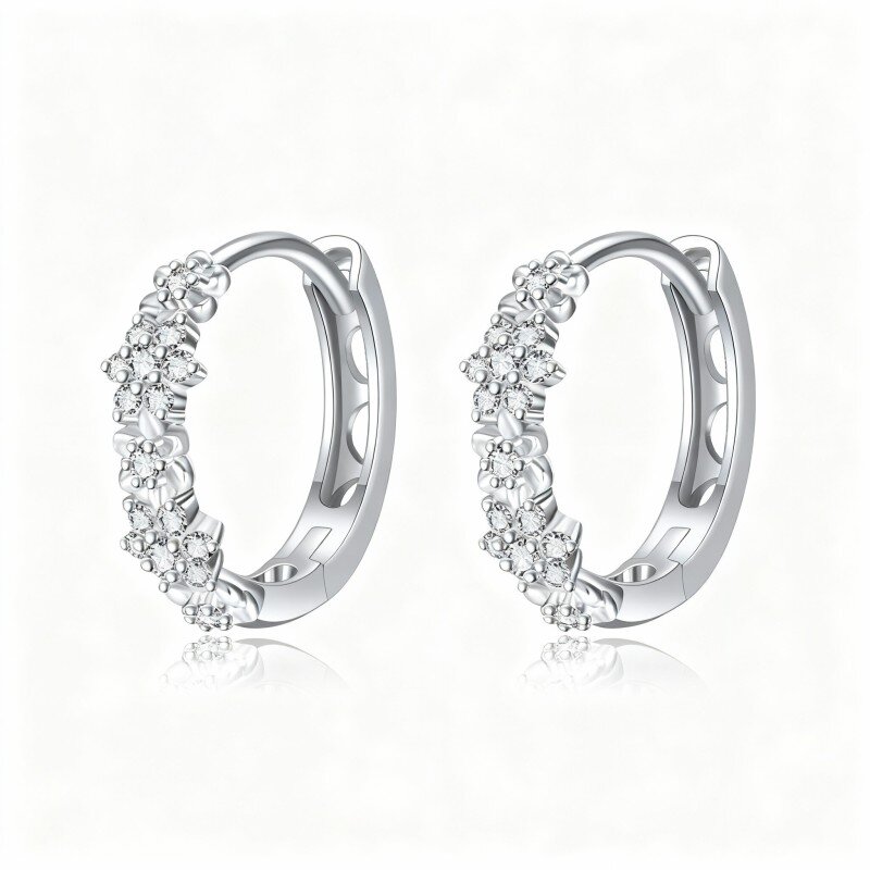 10K White Gold Round Cut Cubic Zirconia Hoop Earrings-3