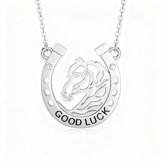 10K White Gold Round Cut Cubic Zirconia Horse & Horseshoe Pendant Necklace with Engraved Word
