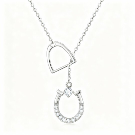 10K White Gold Round Cut Cubic Zirconia Horseshoe Pendant Necklace