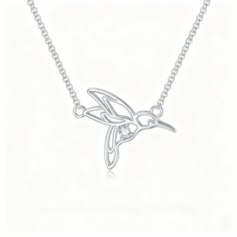 10K White Gold Round Cut Cubic Zirconia Hummingbird Pendant Necklace-1