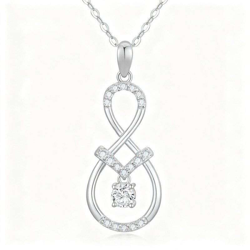 Colar com pendente em ouro branco 10K e zircónia cúbica de corte redondo com símbolo do infinito-9