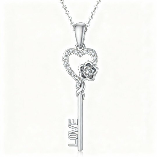 10K White Gold Round Cut Cubic Zirconia Key Pendant Necklace