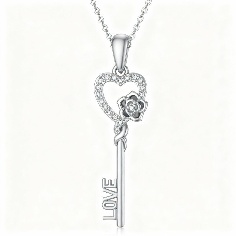 10K White Gold Round Cut Cubic Zirconia Key Pendant Necklace-2