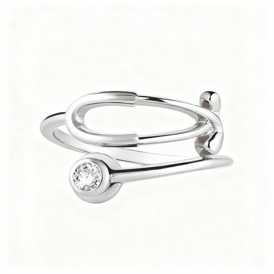 Anel personalizado aberto em ouro branco de 10 quilates com diamante sintético de lapidação redonda, cor D, pureza VVS-VS, 3EX.