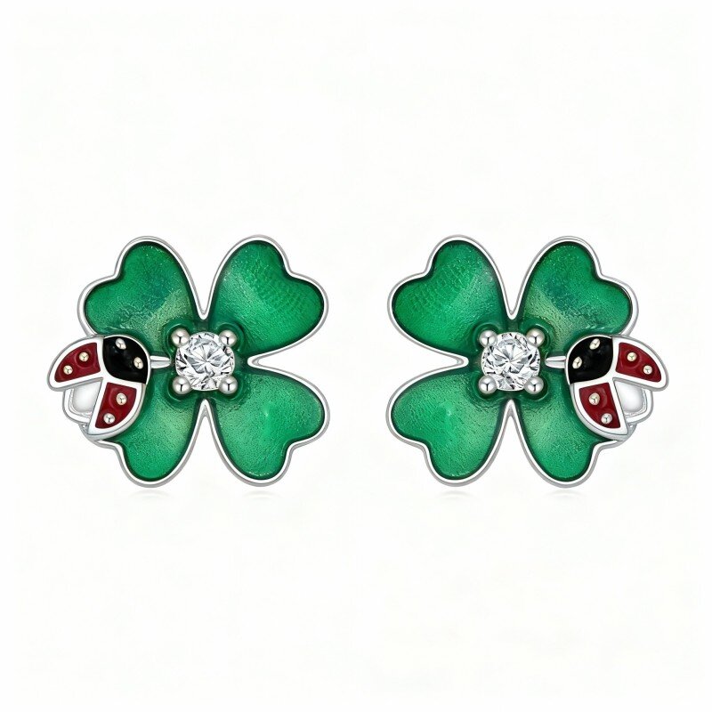 10K White Gold Round Cut Cubic Zirconia Ladybug & Four Leaf Clover Stud Earrings-1