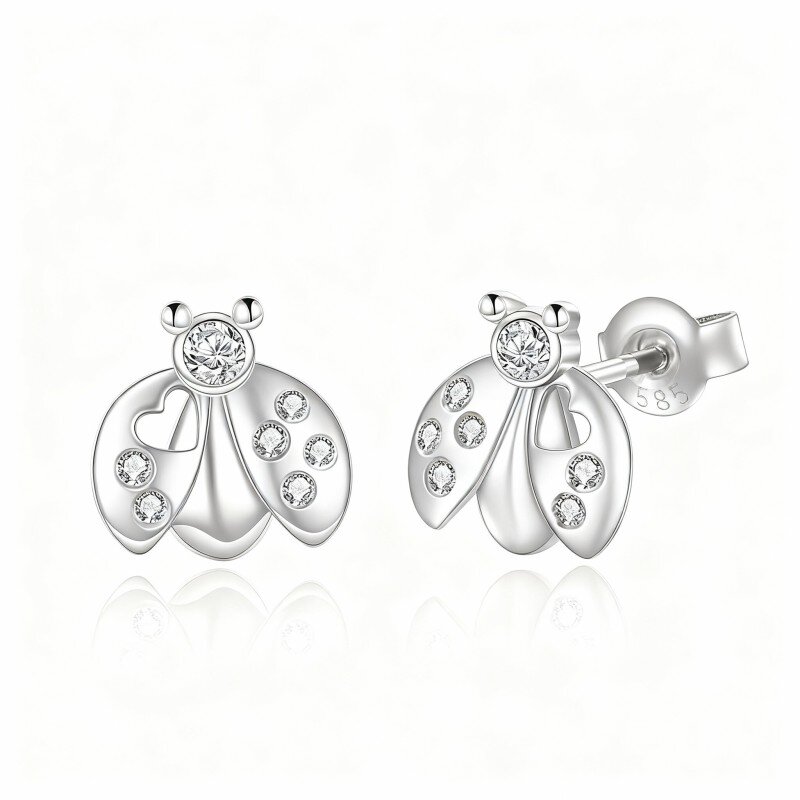 10K White Gold Round Cut Cubic Zirconia Ladybug Stud Earrings-17