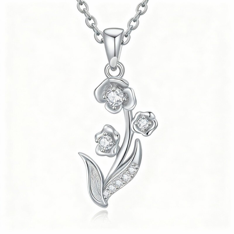 10K White Gold Round Cut Cubic Zirconia Lily Pendant Necklace-3