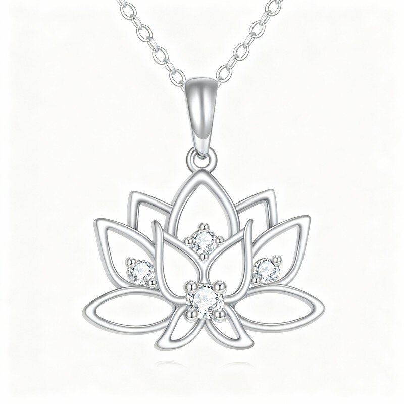 Collier pendentif lotus en or blanc 10 carats et zircon cubique taille ronde-2