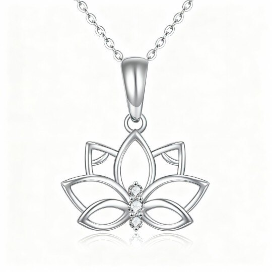 10K White Gold Round Cut Cubic Zirconia Lotus Pendant Necklace