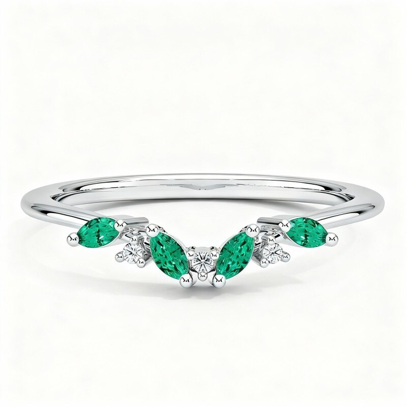 Anillo de compromiso de oro blanco de 10 quilates con esmeralda talla redonda y marquesa y diamante sintético, grabado personalizado, color F/G, claridad SI, 3EX-17