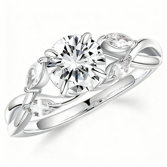 Aliança de casamento em ouro branco de 10 quilates com moissanita de lapidação redonda e marquise