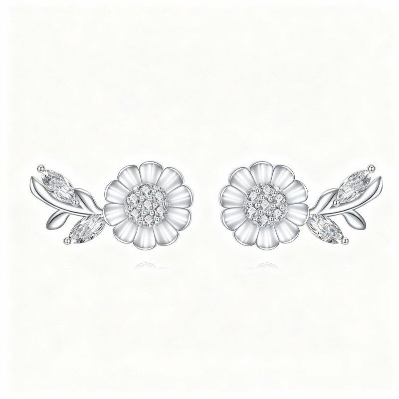 10K White Gold Round Cut & Marquise Cut Cubic Zirconia Sunflower Stud Earrings-3
