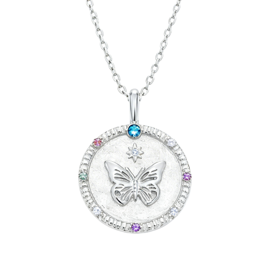 Collar con colgante de mariposa con moissanita redonda y piedra natal en oro blanco de 10 quilates.