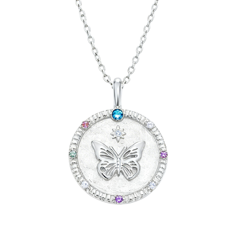 Collier en or blanc 10 carats avec pièce papillon en moissanite taille ronde et pierre de naissance-1