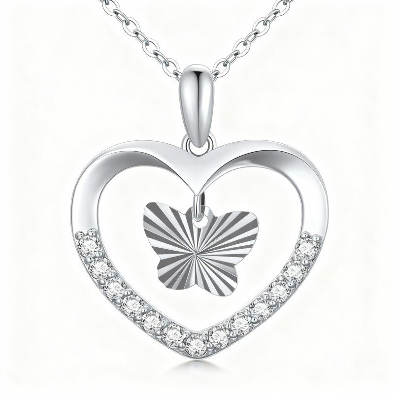 Colar com pendente de borboleta em ouro branco 10K com moissanita de corte redondo-7