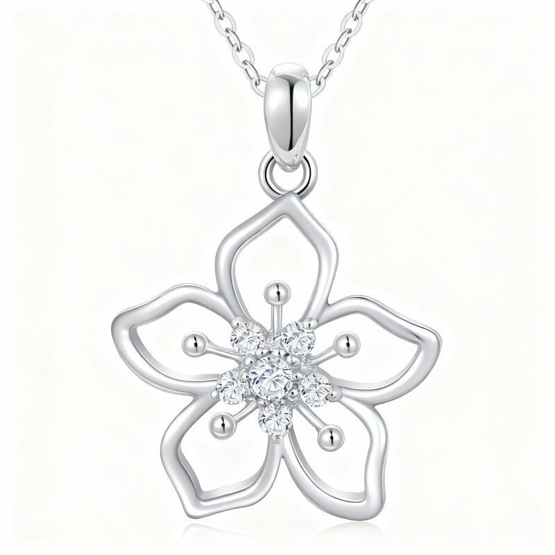 10K White Gold Round Cut Moissanite Cherry Blossom Pendant Necklace-1