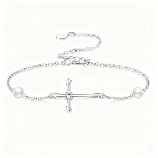 10K White Gold Round Cut Moissanite Cross Charm Bracelet