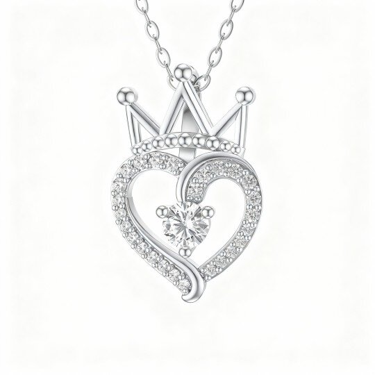 10K White Gold Round Cut Moissanite Crown & Heart Pendant Necklace