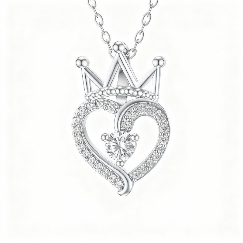 10K White Gold Round Cut Moissanite Crown & Heart Pendant Necklace-7