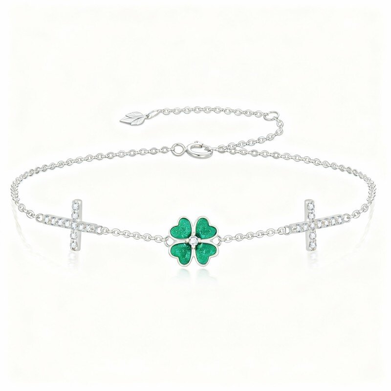 10K White Gold Round Cut Moissanite Four Leaf Clover Charm Bracelet-2