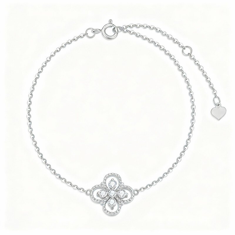 10K White Gold Round Cut Moissanite Four Leaf Clover Charm Bracelet-10