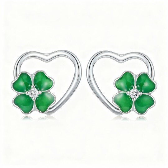 10K White Gold Round Cut Moissanite Four Leaf Clover & Heart Stud Earrings