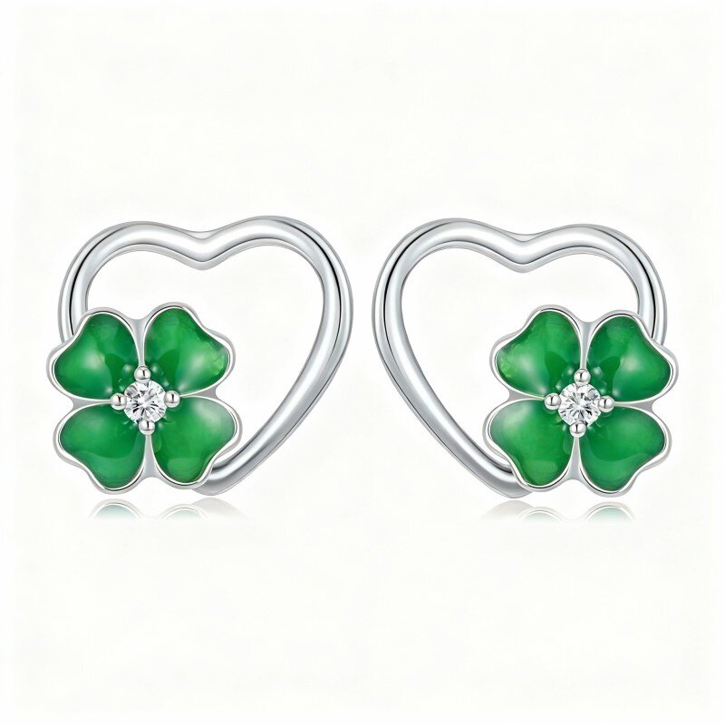 10K White Gold Round Cut Moissanite Four Leaf Clover & Heart Stud Earrings-19