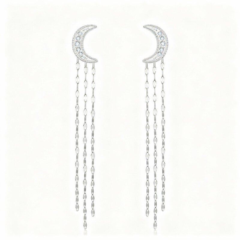 10K White Gold Round Cut Moissanite Moon Drop Earrings-4