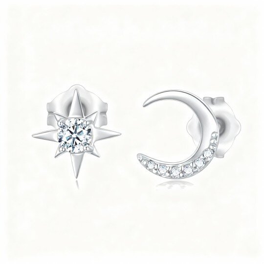 10K White Gold Round Cut Moissanite Moon & Star Stud Earrings