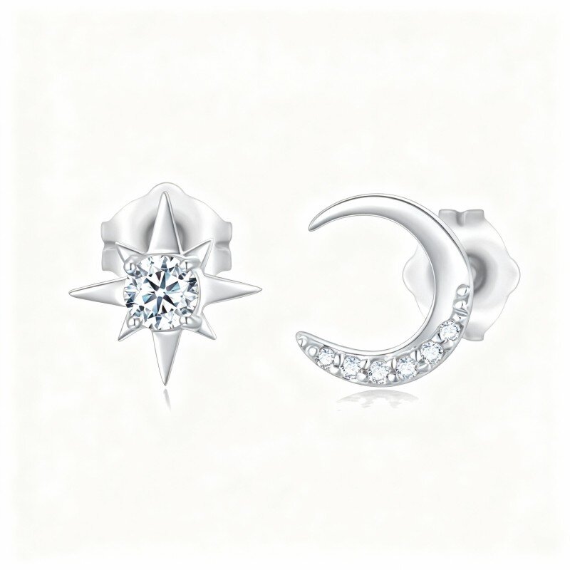 Orecchini a bottone con luna e stella in moissanite taglio rotondo in oro bianco 10 carati-16