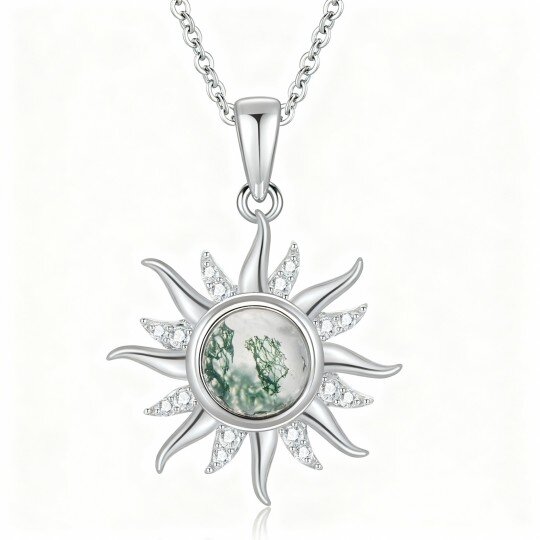 10K White Gold Round Cut Moissanite & Moss Agate Sun Pendant Necklace