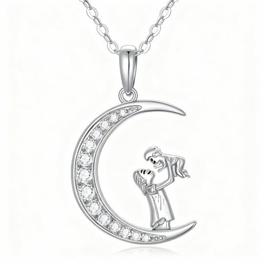 10K White Gold Round Cut Moissanite Mother & Daughter & Moon Pendant Necklace