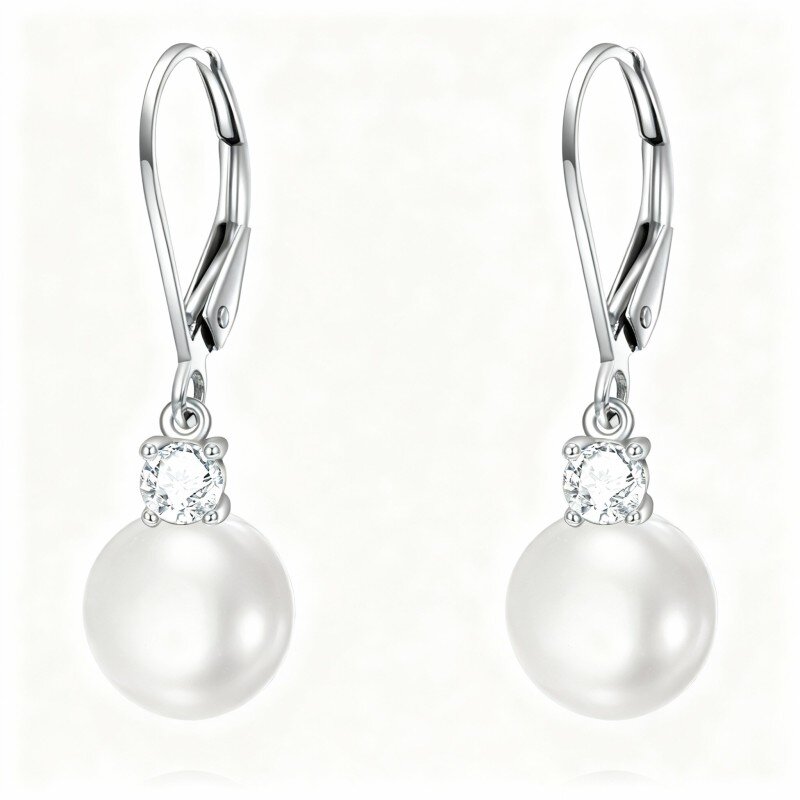 Pendientes de oro blanco de 10 quilates con moissanita de corte redondo y perlas, con cierre de palanca.-6
