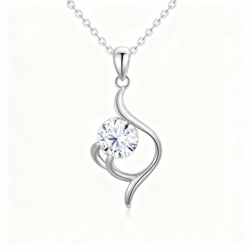 Collana con pendente rotondo in moissanite taglio rotondo in oro bianco 10K-5