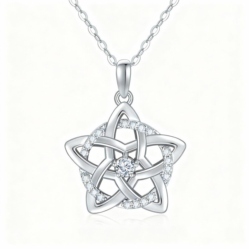 Collana con pendente a forma di pentagramma e tondo in moissanite taglio rotondo in oro bianco 10K-9