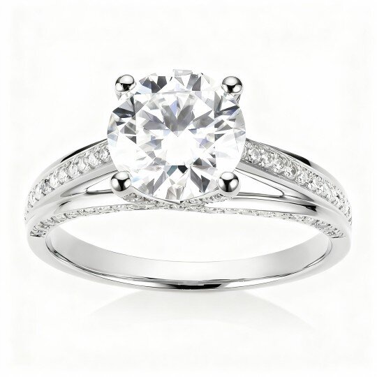 10K White Gold Round Cut Moissanite Personalized Engraving & Couple Engagement Ring