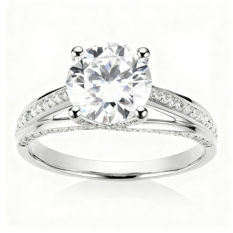 10K White Gold Round Cut Moissanite Personalized Engraving & Couple Engagement Ring-1