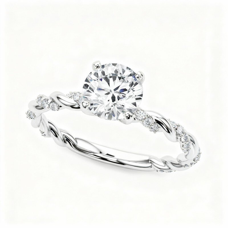 Anel de Noivado para Casal em Ouro Branco 10K com Moissanita de Corte Redondo, Gravação Personalizada e Anel de Noivado para Casal-1