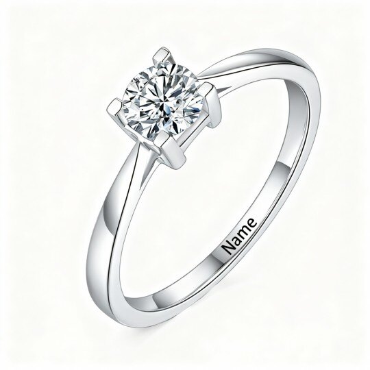 10K White Gold Round Cut Moissanite Personalized Engraving & Couple Engagement Ring