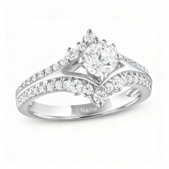 10K White Gold Round Cut Moissanite Personalized Engraving Engagement Ring