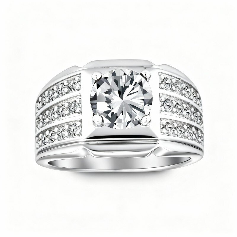 Anel personalizado com gravação em ouro branco de 14 quilates com moissanita de corte redondo.-1