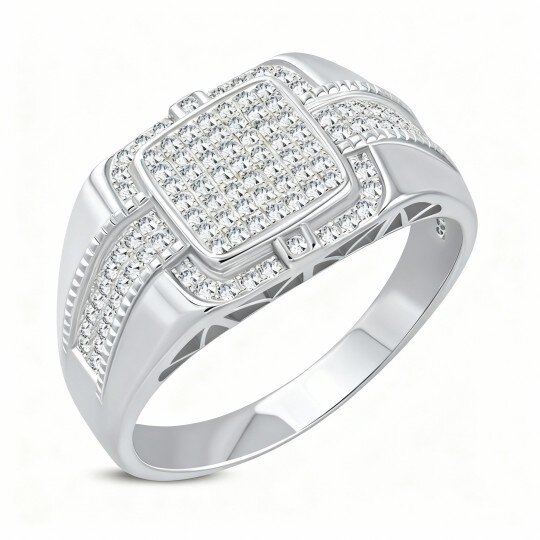 10K White Gold Round Cut Moissanite Personalized Engraving & Square Ring for Men