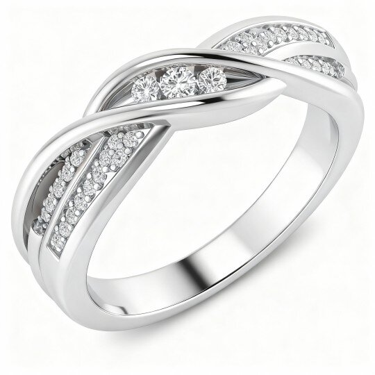 Aliança de casamento em ouro branco de 10 quilates com moissanita de corte redondo e gravação personalizada.