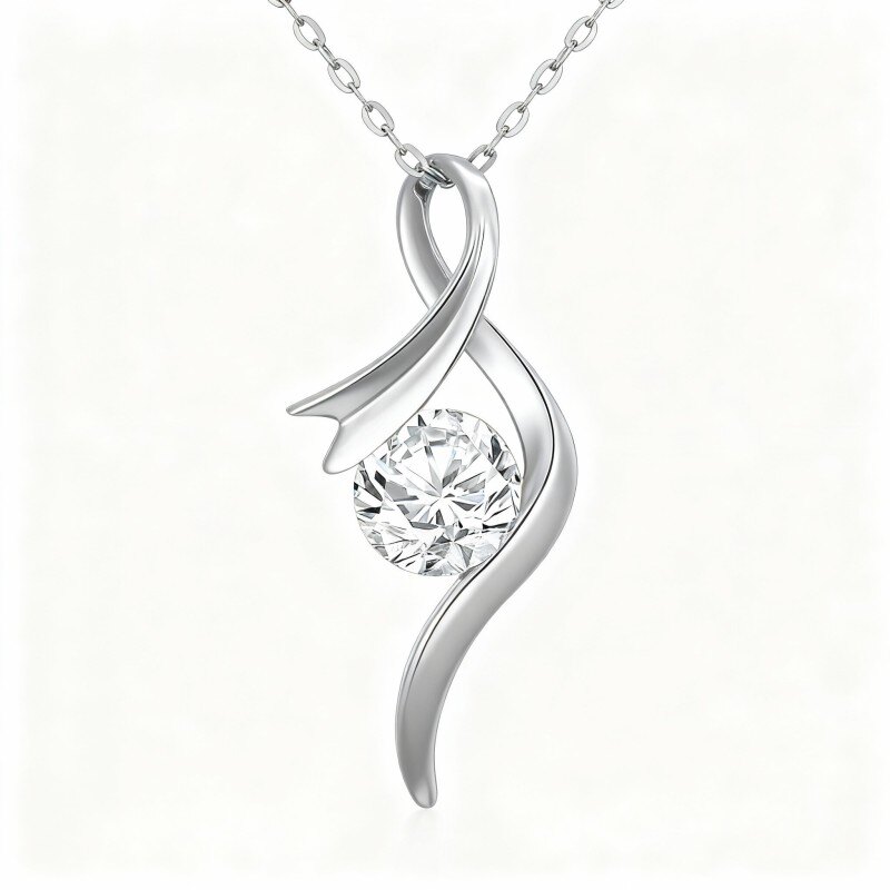 14K White Gold Round Cut Moissanite Ribbon Pendant Necklace-1
