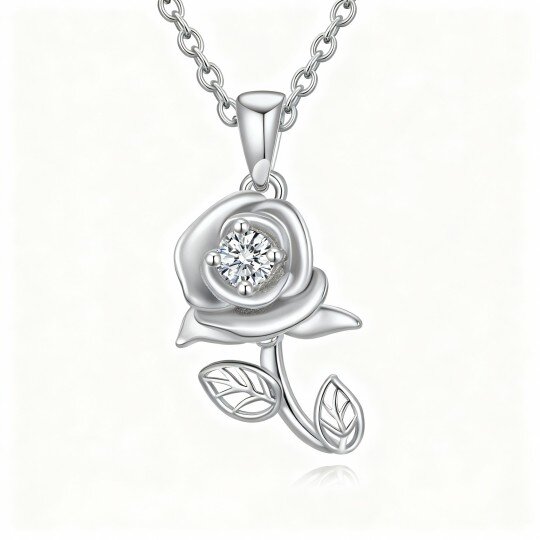10K White Gold Round Cut Moissanite Rose Pendant Necklace